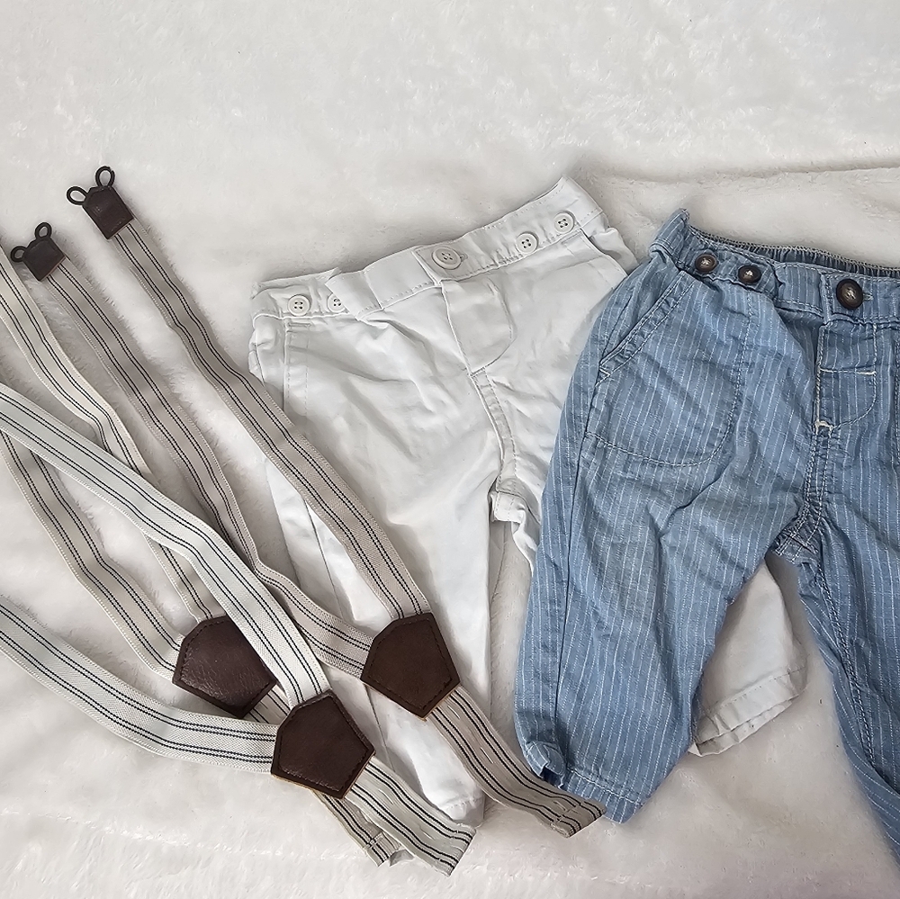 Baby B'gosh Set of 2 Baby Boy Dress Pants 3 Suspenders Blue White Easter Size 3M